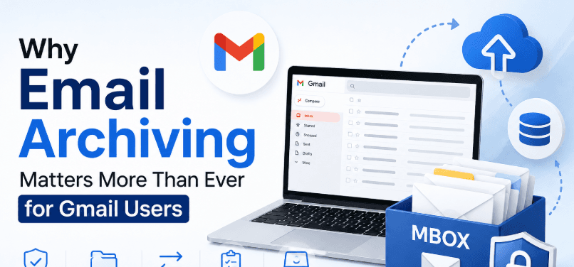Laptop showing Gmail with MBOX archive box, cloud backup, and security icons illustrating email archiving and protection.